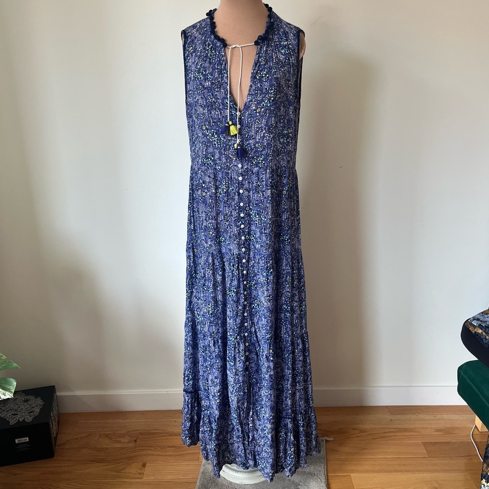 Poupette St Barth Clara Floral Blue Tassle Button Up Maxi Sun Dress EUC Size S